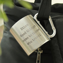 Load image into Gallery viewer, Metal book-shaped tag with engraved text Camping mug personalised with free text engraving