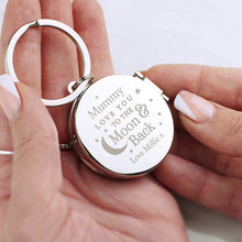 Load image into Gallery viewer, "Engraved sentimental keyring with 'To the Moon and Back' message and photo"