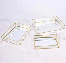 Load image into Gallery viewer, Nordic retro storage tray, gold glass organizer, makeup organizer tray, jewelry storage tray, Nordic style vanity tray, etro gold tray for decor, 
glass storage tray, elegant organizer for jewelry and makeup, decorative gold tray, vintage jewelry organizer