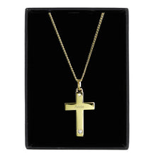 Load image into Gallery viewer, Personalised necklaces, one with a silver cross and gold plating, with a name engraved on the cross.