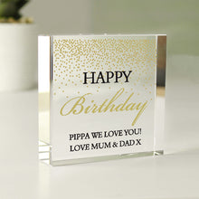 Load image into Gallery viewer, Custom gold confetti crystal keepsake gift for weddings and birthdays.