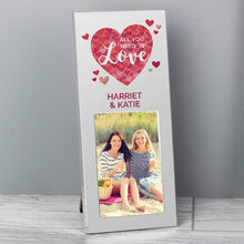 Load image into Gallery viewer, Engraved love-themed photo frame for couples with 2x3 picture slot.