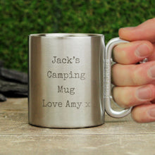 Load image into Gallery viewer, Durable metal mug with custom free text for campers