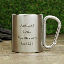 Load image into Gallery viewer, Custom camping metal mug with personalised text design