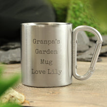 Load image into Gallery viewer, Stainless steel mug with carabiner handle Personalised gift metal mug for him or her UK