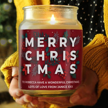 Load image into Gallery viewer, Festive custom Christmas candle with engraved message