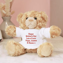 Load image into Gallery viewer, Soft cuddly teddy bear wearing a custom printed T-shirt