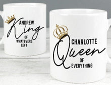 Load image into Gallery viewer, Custom King and Queen mugs — romantic gift for couples.