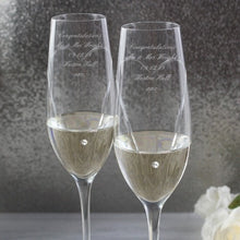 Load image into Gallery viewer, engraved crystal champagne flutes-engraved champagne flutes-swarovski champagne flutes-champagne flute gift-swarovski champagne flutes uk-personalised wine glass swarovski-personalised swarovski heart flutes-heart pair of flutes with gift box
