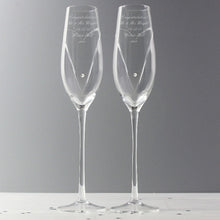 Load image into Gallery viewer, engraved crystal champagne flutes-engraved champagne flutes-swarovski champagne flutes-champagne flute gift-swarovski champagne flutes uk-personalised wine glass swarovski-personalised swarovski heart flutes-heart pair of flutes with gift box