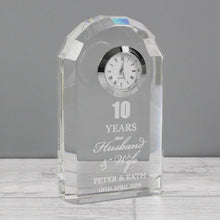 Load image into Gallery viewer, personalised-anniversary-crystal-clock-engraved-crystal-clock-gift-engraved-crystal-clock-gift-1st-wedding-anniversary-5-10-20-25-30-wedding-anniversary-as-retirement-birthday-fathers-day-just-married-wedding-mothers-day