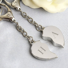 Load image into Gallery viewer, Engraved initials heart keyrings set for romantic personalised gifts.