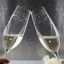 Load image into Gallery viewer, engraved crystal champagne flutes-engraved champagne flutes-swarovski champagne flutes-champagne flute gift-swarovski champagne flutes uk-personalised wine glass swarovski-personalised swarovski heart flutes-heart pair of flutes with gift box