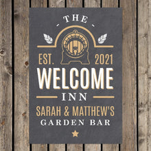 Load image into Gallery viewer, personalised welcome sign engraved metal pub-style sign gift for home bar or outdoor space