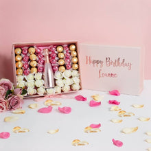 Load image into Gallery viewer,  Personalised Prosecco gift box with roses, Lindt Lindor, and Ferrero Rocher