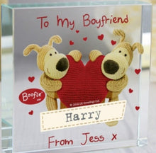 Load image into Gallery viewer, Engraved Boofle shared heart crystal token for Valentine's Day.