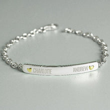 Load image into Gallery viewer, Custom engraved silver and gold bar bracelet with two names