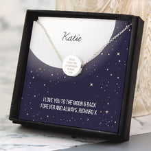 Load image into Gallery viewer, Delicate silver moon and star pendant necklace with gift packaging name