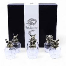 Load image into Gallery viewer, Set of glass bottles with bronze animal heads Fantasy themed collectible shot glass set
