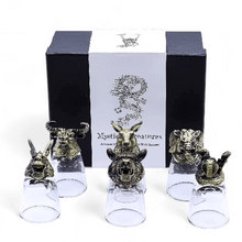 Load image into Gallery viewer, Set of six shot glasses with animal head designs, novelty shot glasses for fantasy lovers