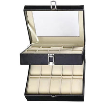 Load image into Gallery viewer, slot watch box, leather 3 slot watch box, slot watch box organizer, leather watch organizer, watch storage box leather, leather jewellery &amp; watch organiser, PU leather watch display case, watch organizer box with glass top, multi-slot watch storage box, leather jewelry storage box, watch display box for collection, glass top watch case organizer, leather watch holder box, watch and jewelry organizer case