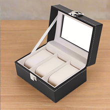 Load image into Gallery viewer, slot watch box, leather 3 slot watch box, slot watch box organizer, leather watch organizer, watch storage box leather, leather jewellery &amp; watch organiser, PU leather watch display case, watch organizer box with glass top, multi-slot watch storage box, leather jewelry storage box, watch display box for collection, glass top watch case organizer, leather watch holder box, watch and jewelry organizer case