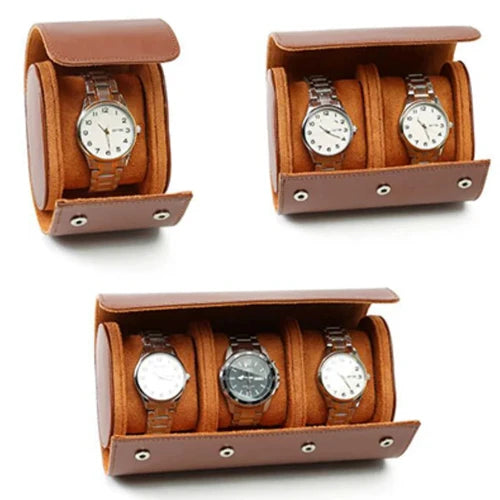 Brown leather watch organizer roll with snap closure