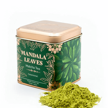 Load image into Gallery viewer, Reusable tea tins with artisan blends. Mandala Leaves Matcha Tea canister with green tea powder 