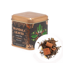 Load image into Gallery viewer, Luxury tea tins for tea lovers. Tea canister labeled 'Mandala Leaves Loose Tea' with tea leaves 