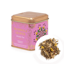 Load image into Gallery viewer, Matcha tea powder in reusable metal tin. Tea tin labeled 'Mandala Leaves' with a small amount of tea leaves displayed