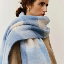 Load image into Gallery viewer, A blue and beige checkered scarf thick winter shawl for women