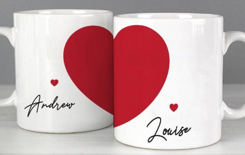 Matching heart mugs gift for couples — romantic personalised set.