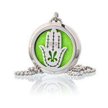 Load image into Gallery viewer, aromatherapy diffuser necklace-aromatherapy necklace silver locket-chakra-stress-anxiety pendant oil diffuser with 10 pads-four leaf clover-tree of life aromatherapy essential oil locket scent perfume diffuser pendant-locket essential oil diffuser perfume necklace-gift for her-hand de fatima- yoga chakra-om chakra