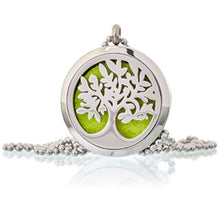 Load image into Gallery viewer, aromatherapy diffuser necklace-aromatherapy necklace silver locket-chakra-stress-anxiety pendant oil diffuser with 10 pads-four leaf clover-tree of life aromatherapy essential oil locket scent perfume diffuser pendant-locket essential oil diffuser perfume necklace-gift for her-hand de fatima- yoga chakra-om chakra