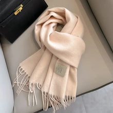 Load image into Gallery viewer, Beige scarf with a tag scarf in solid shades