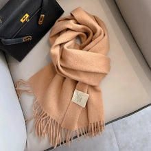 Load image into Gallery viewer, Beige scarf with a tag warm wool scarf for winter