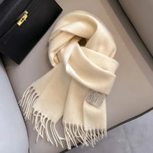 Load image into Gallery viewer, Beige scarf with tassels wool scarf for winter outfits