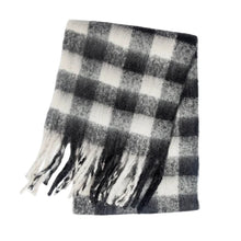 Load image into Gallery viewer, Black and white checkered scarf with fringes soft shawl with hairy finish