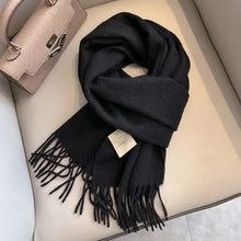 Load image into Gallery viewer, Black scarf with fringes minimalist narrow wool scarf for all outfits