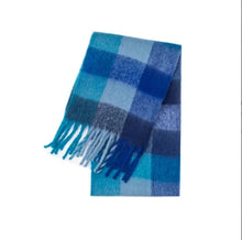 Load image into Gallery viewer, Blue checkered scarf with fringes soft rainbow shawl with hairy finish