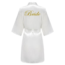 Load image into Gallery viewer, Bride white satin robe in gold shades for wedding prep