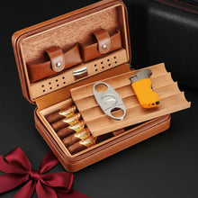 Load image into Gallery viewer, Portable leather cigar humidor travel case with cutter and lighter