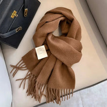 Load image into Gallery viewer, Brown scarf with a tag classic narrow wool scarf for everyday wear