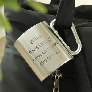 Metal book-shaped tag with engraved text Camping mug personalised with free text engraving