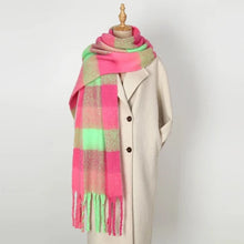 Load image into Gallery viewer, Checkered scarf with pink, green, and beige colours fluffy tassel scarf for women