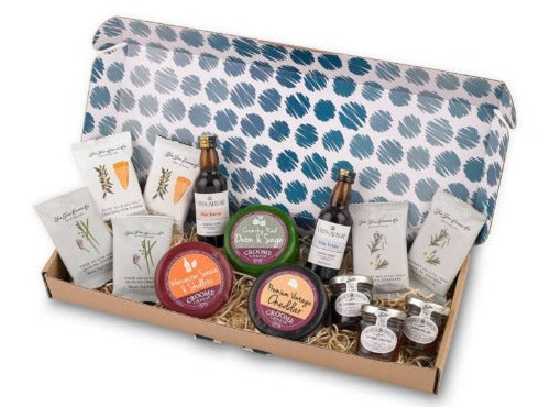 Gourmet cheese and snack gift hamper presented in a gift box