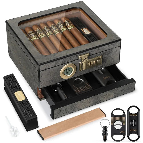 Premium cigar case with lock, accessories drawer, and thermometer