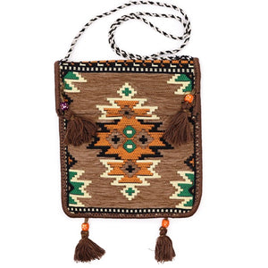 Colorful woven kilim festival bag with tribal pattern