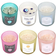 Load image into Gallery viewer, crystal chip chakra, chip candle glass with lid, scented candles, soy wax jar candles, soy wax jar candles gifts, candles, magic spell candles, soy wax art tin candles, soybean wax candles, spell candles, crystal chip candles, manifestation candles, protection chip candles, chackra crystal chip candles