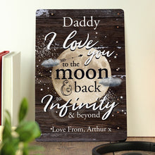Load image into Gallery viewer, To The Moon and Back metal plaque with personalised names.